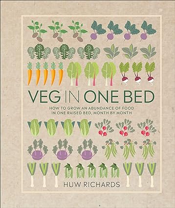 Veg in One Bed by Huw Richards hardback book cover - part of RHS gardening 3 book collection set