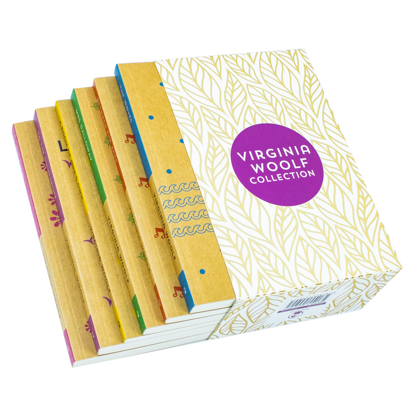 Close-up of Virginia Woolf paperback book set spines and covers