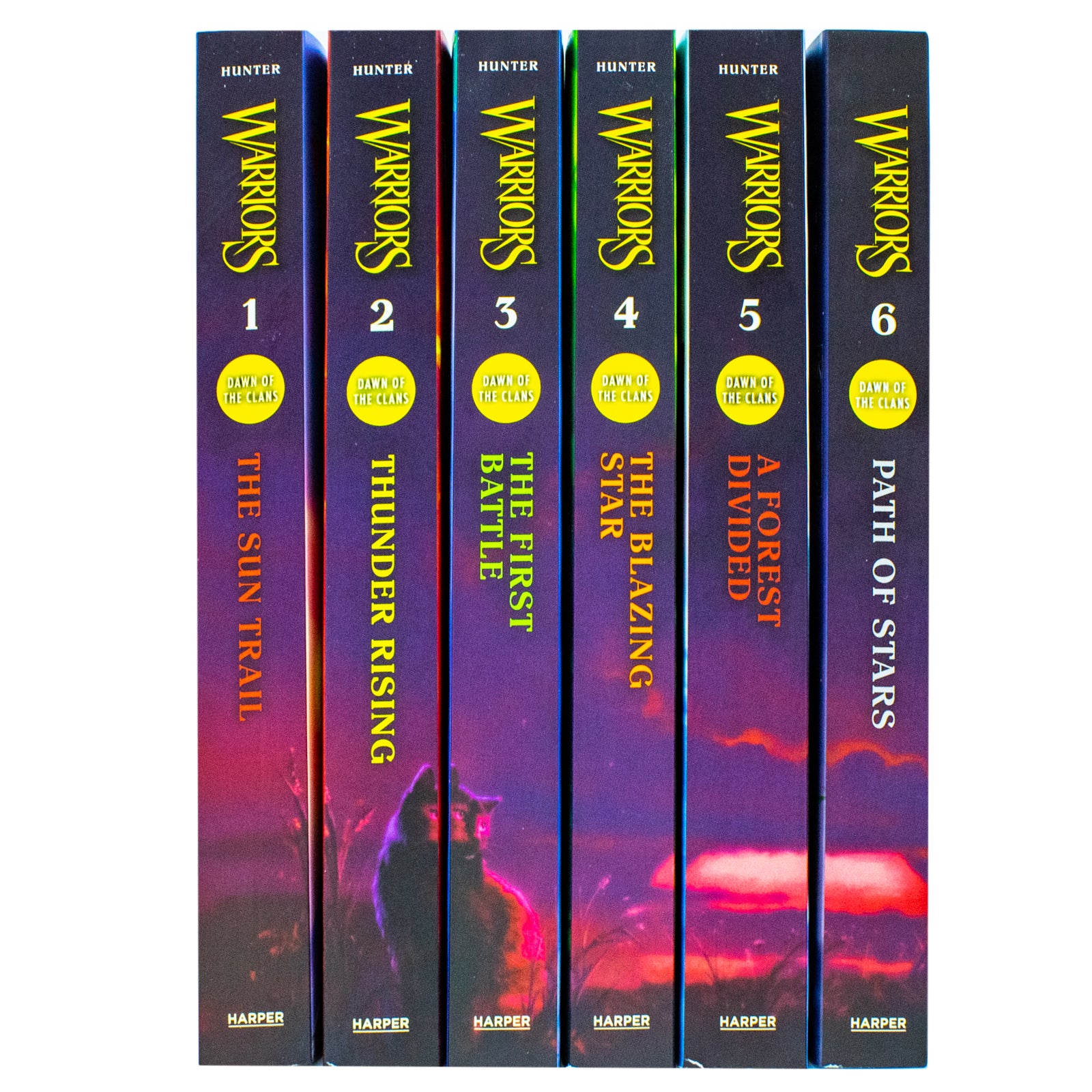 Warriors Dawn of the Clans prequel paperback set showing all six book covers by Erin Hunter