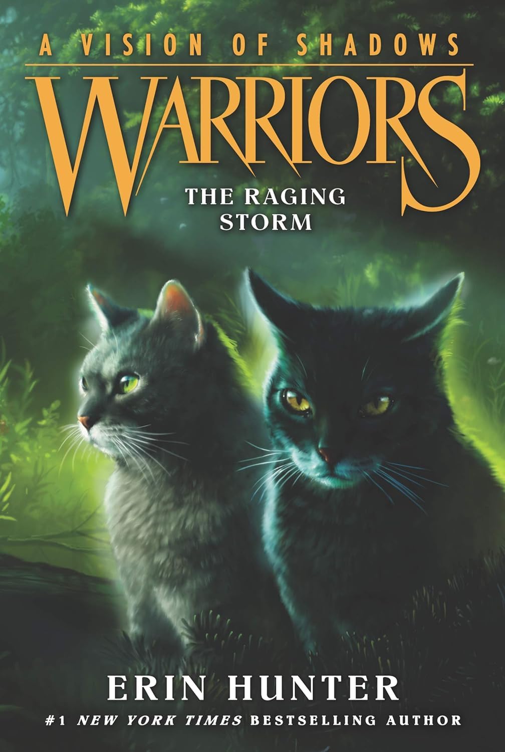 Angled view of Warriors A Vision of Shadows 6 book paperback set by Erin Hunter