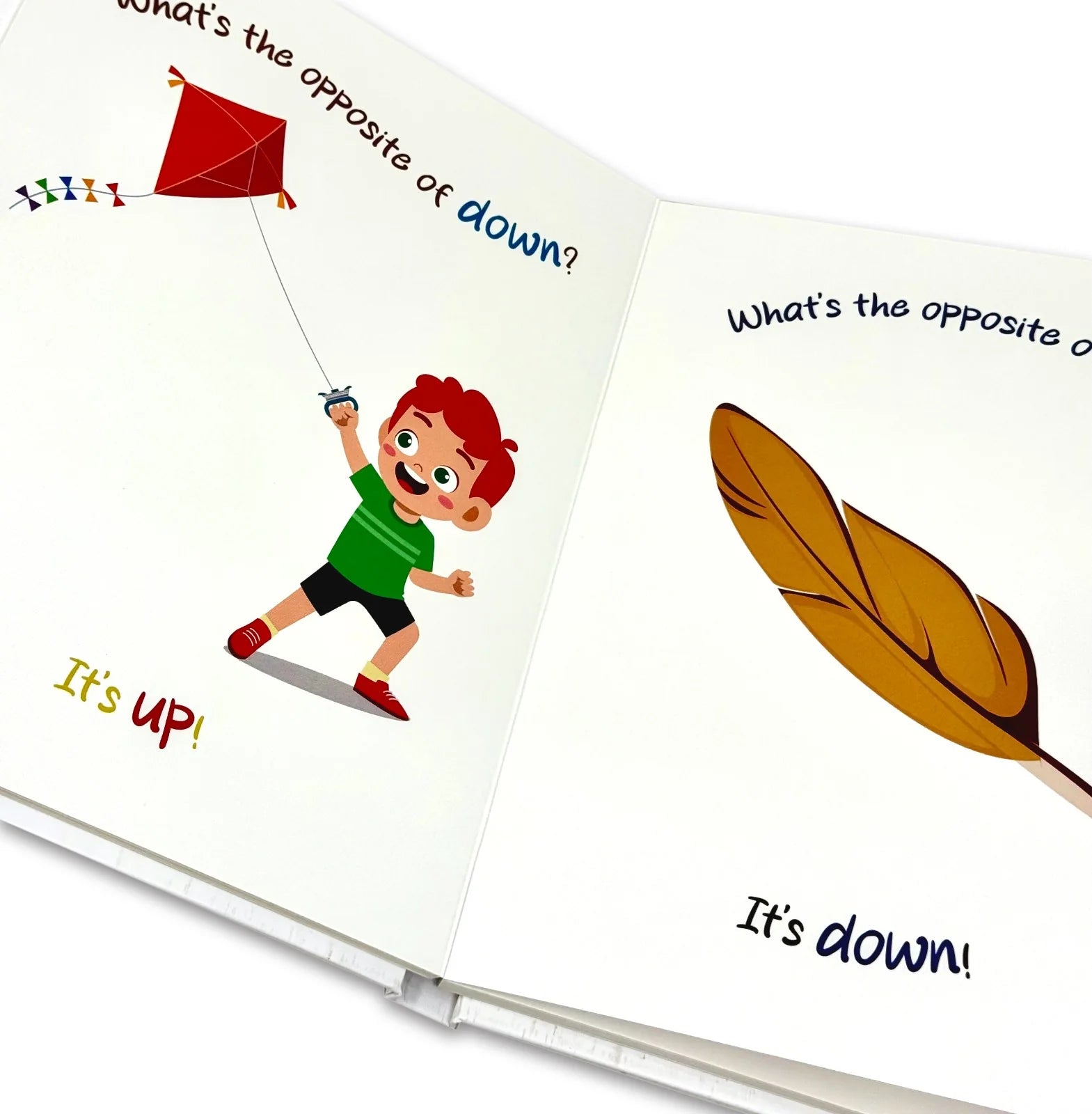 What Is The Opposite? board book page spread with colourful opposites illustrations for early learners
