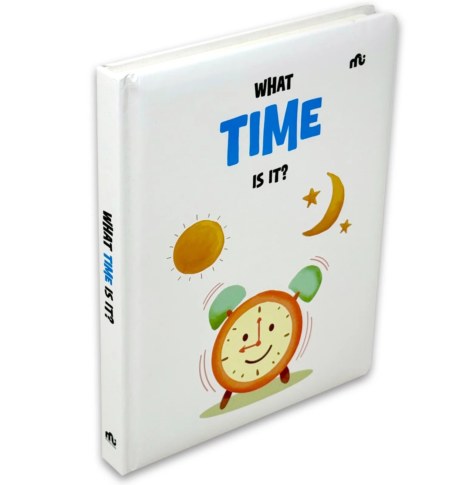 What Time Is It? board book inside page showing clock illustration for toddlers
