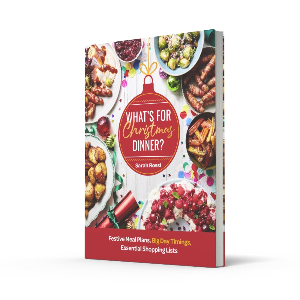 What's For Christmas Dinner? by Sarah Rossi - hardback Christmas cookbook back cover with festive recipe details