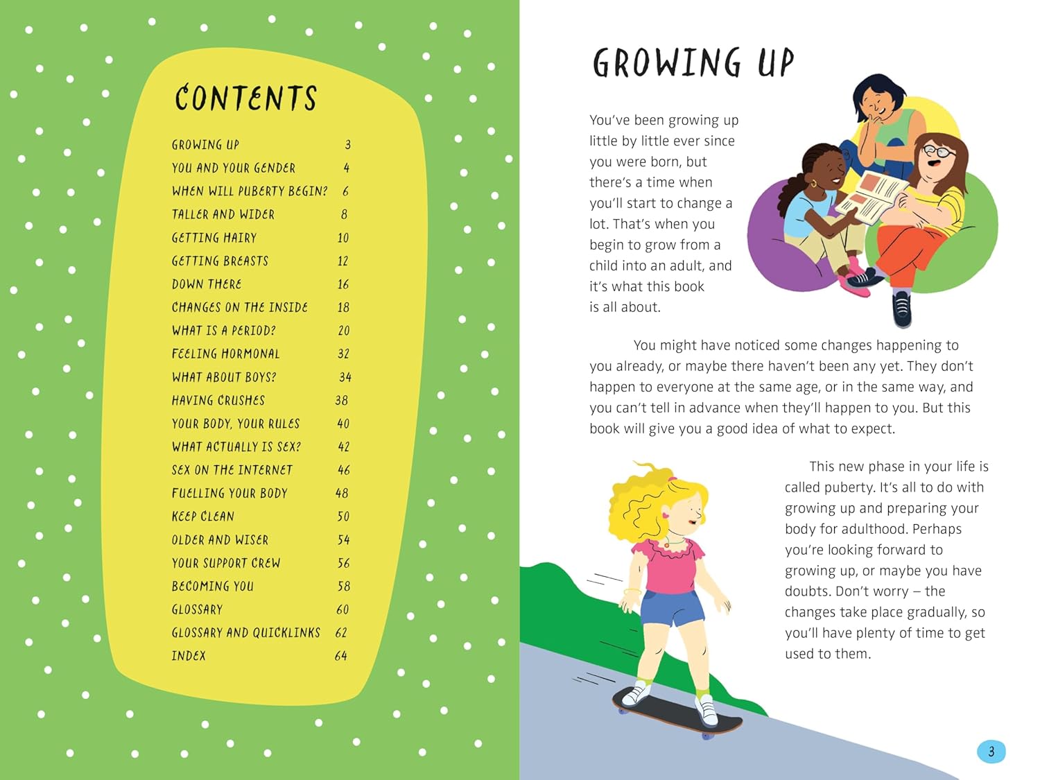 Inside pages of What's Happening To Me? The Girl One showing illustrated puberty content for readers aged 10+