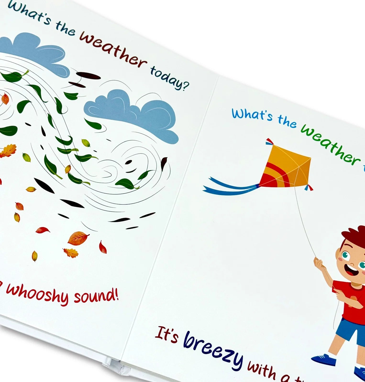 Inside page of What's the Weather Today? by Rupabai showing seasonal change illustration for toddlers