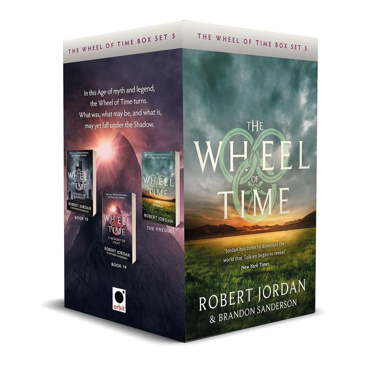 Wheel of Time Box Set 5 paperback spines showing Towers of Midnight, A Memory of Light and New Spring by Robert Jordan