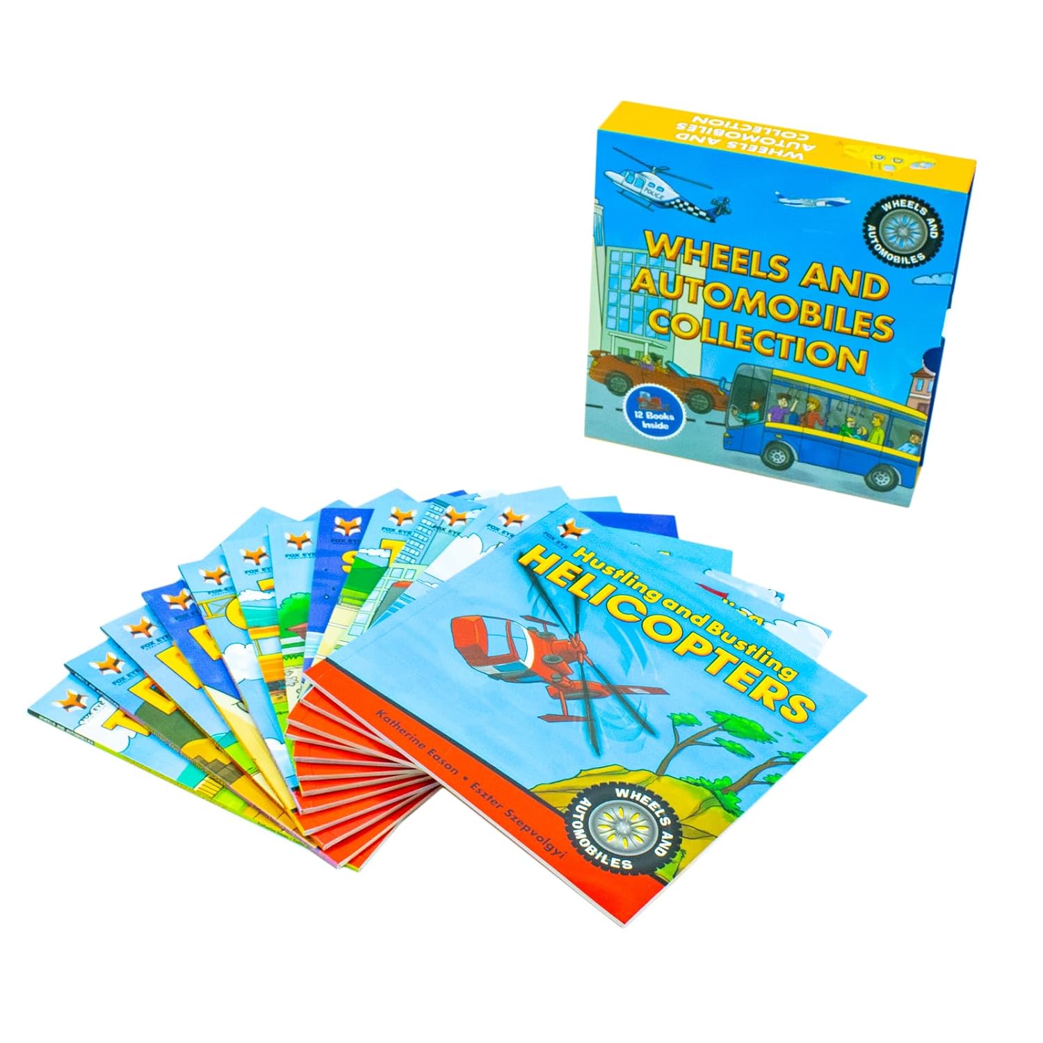 Full Wheels and Automobiles Collection 12 books set by Katherine Eason laid out - Paperback