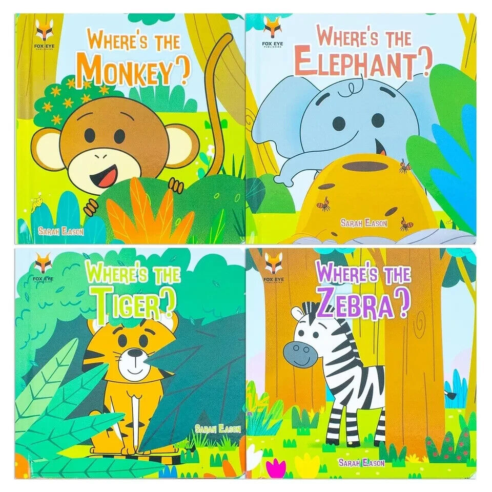 All four Where's The Monkey and Friends board books - Elephant, Monkey, Tiger, Zebra