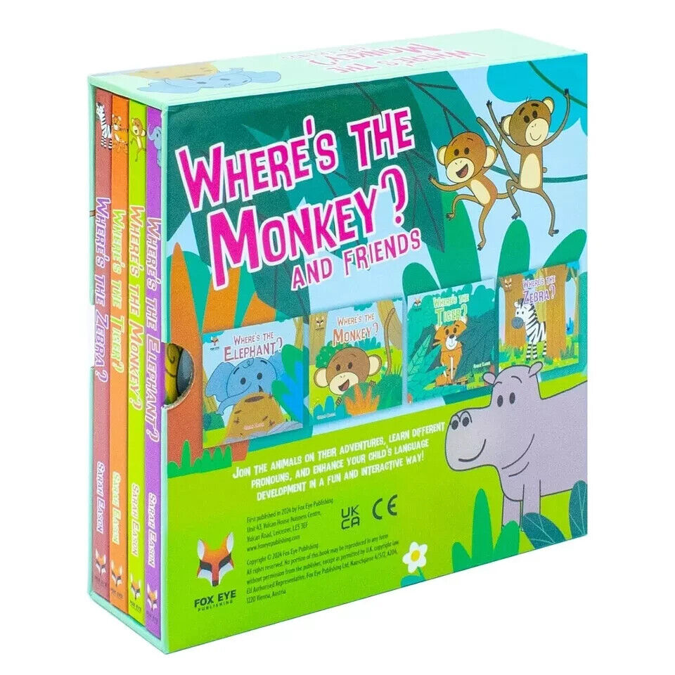 Where's The Monkey and Friends board book set - Elephant, Tiger, Zebra seek-and-find pages