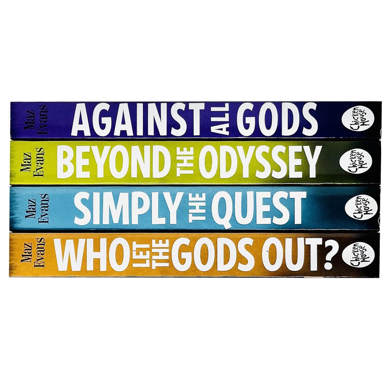 Who Let the Gods Out 4 Books Collection Set by Maz Evans - Against All Gods and Beyond the Odyssey covers close up