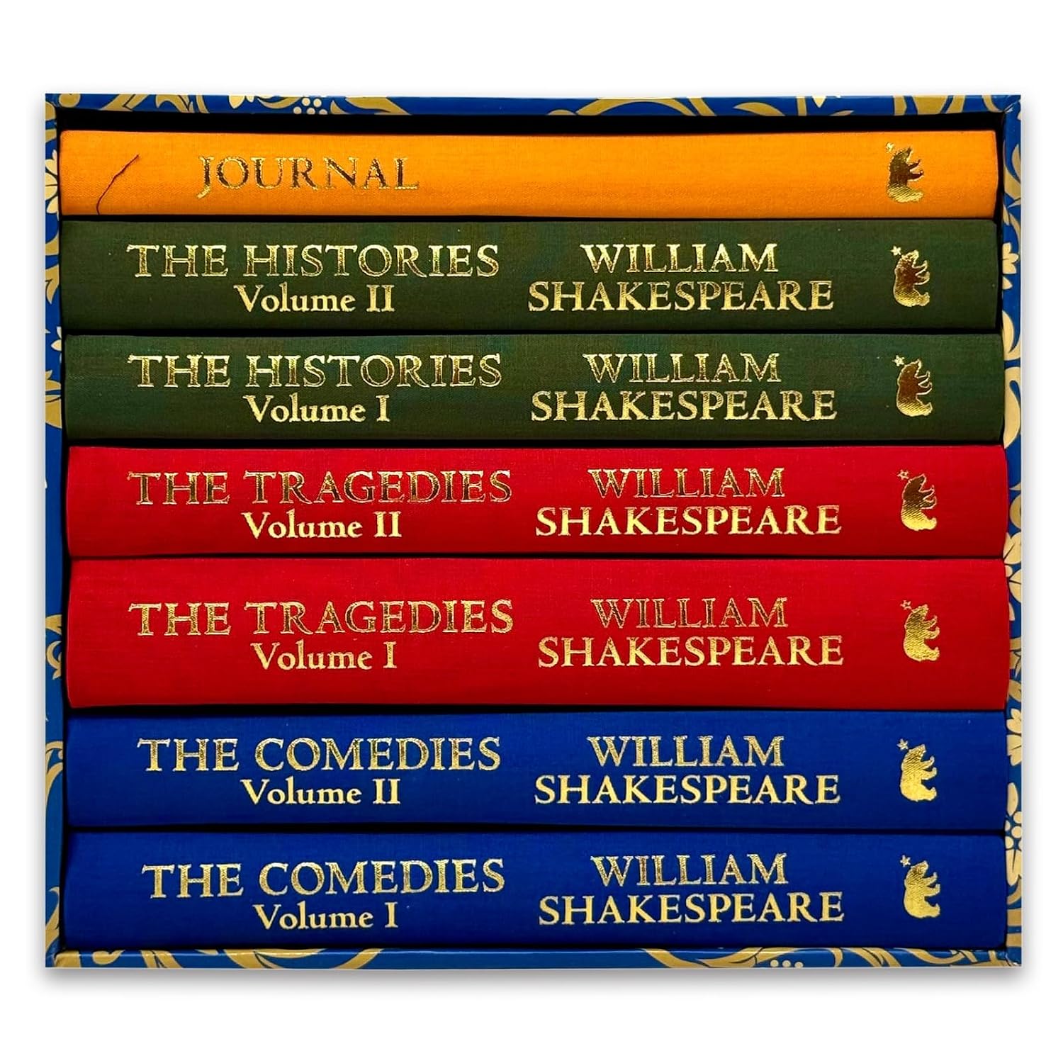 Spines of the six hardback Shakespeare Collection volumes with companion journal