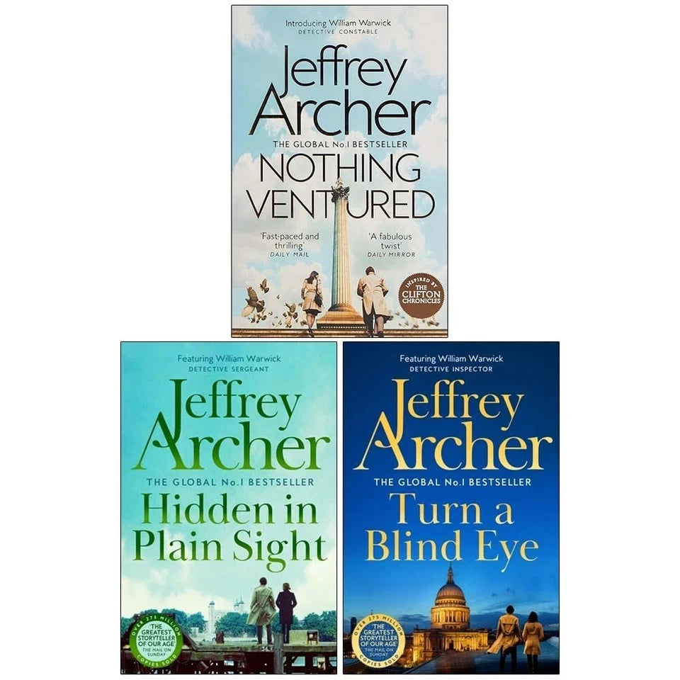 Close-up of William Warwick Novels by Jeffrey Archer paperback book set covers - Nothing Ventured, Hidden in Plain Sight, Turn a Blind Eye