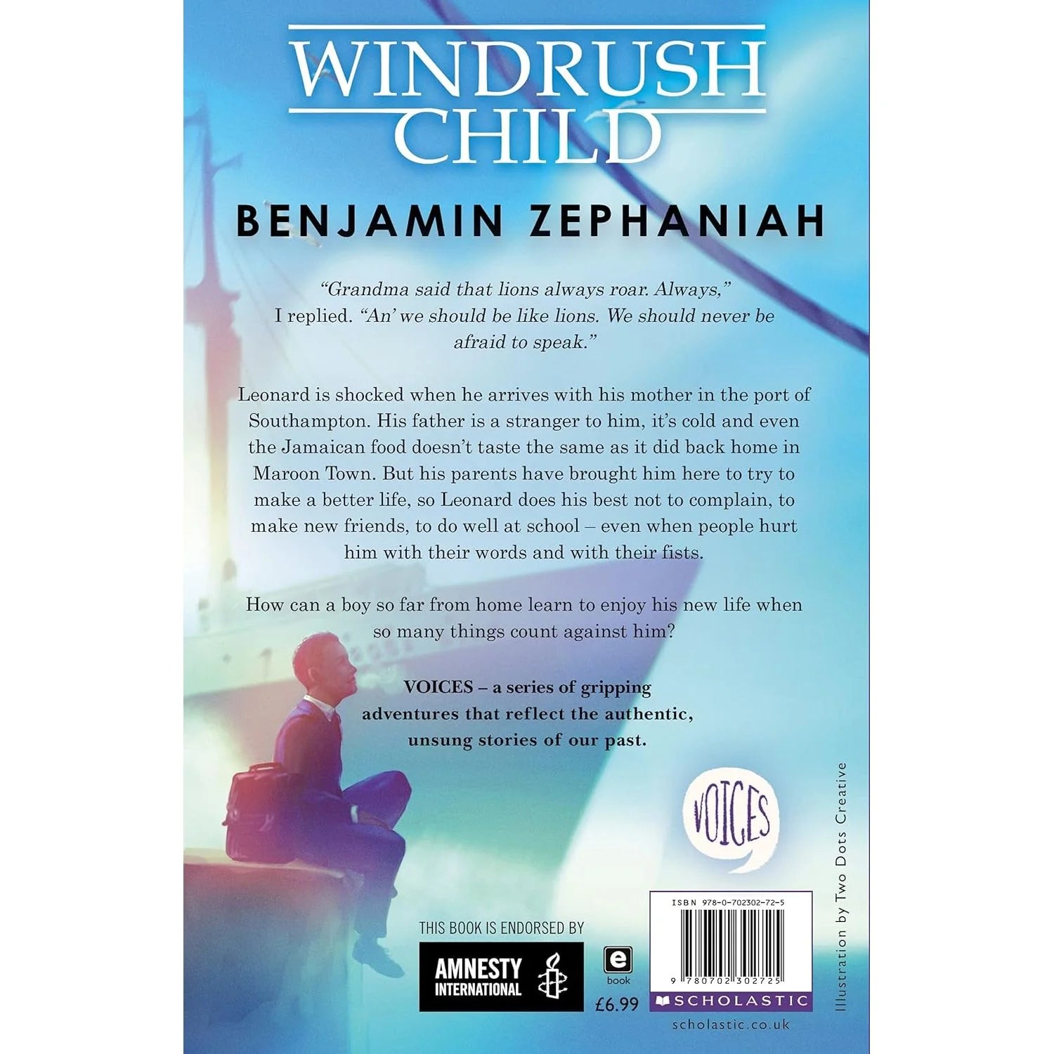 Windrush Child by Benjamin Zephaniah - Voices series paperback - Ages 9-12 - back cover