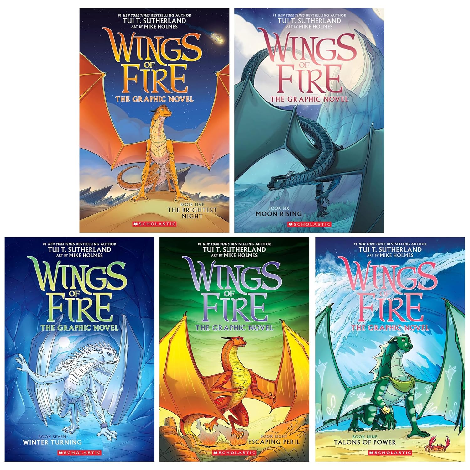 Wings of Fire Graphix Books 5-9 by Tui T. Sutherland - 5 book paperback graphic novel collection set including The Brightest Night, Moon Rising, Winter Turning, Escaping Peril and Talons of Power, for ages 8-12