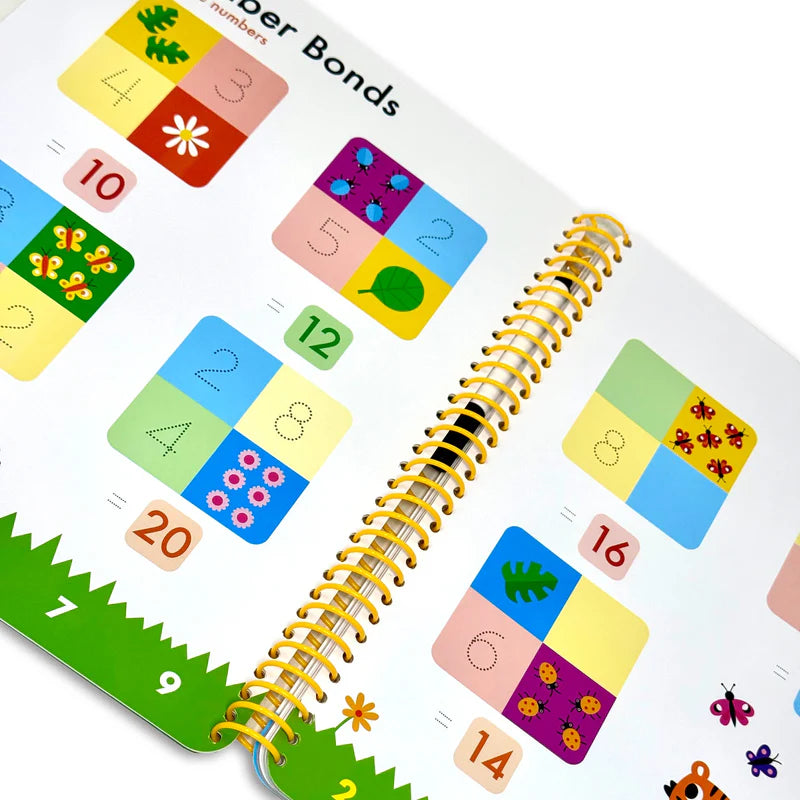 Wipe Clean Starting School Activity Book inside spread showing wipe-clean tracing and counting activities for ages 3-5