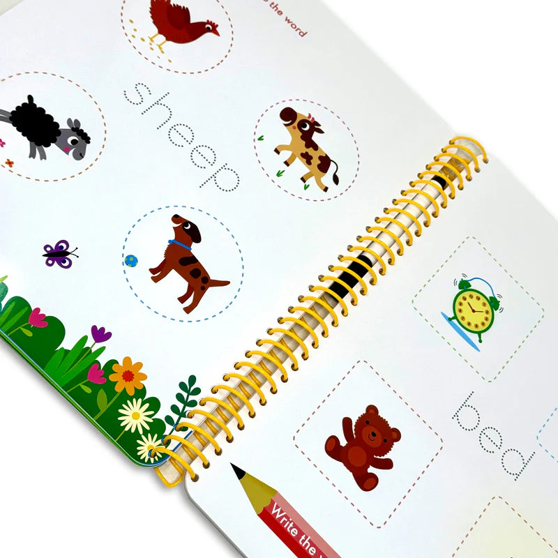 Wipe Clean Starting School Activity Book spiral-bound pages showing school routine illustrations for preschoolers