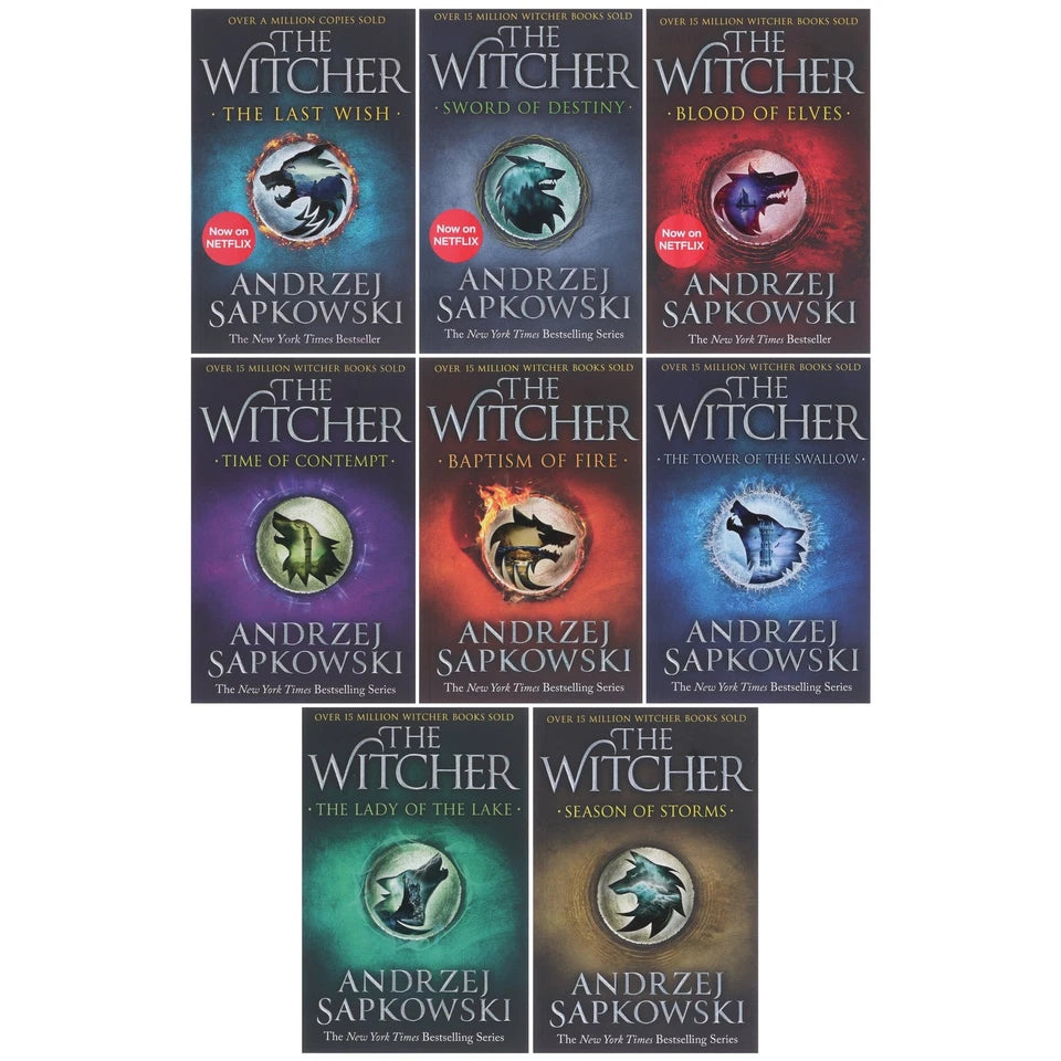 The Witcher 8 book paperback box set spines showing all titles by Andrzej Sapkowski