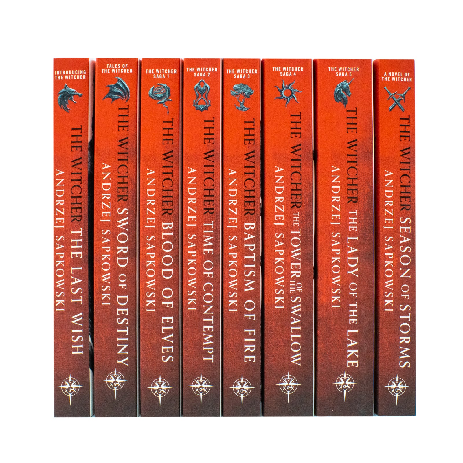 The Witcher 8 Books Collection Box Set spine detail - Andrzej Sapkowski paperback