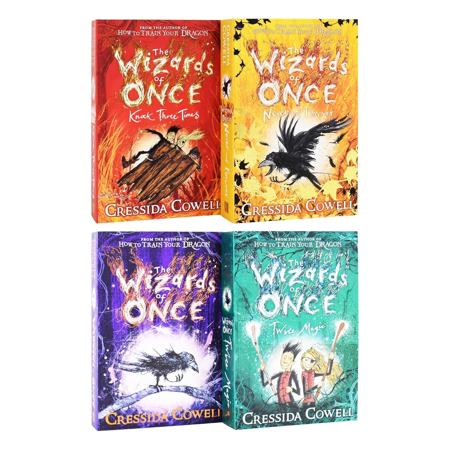 The Wizards of Once paperback book covers - Twice Magic, Knock Three Times, Never and Forever by Cressida Cowell