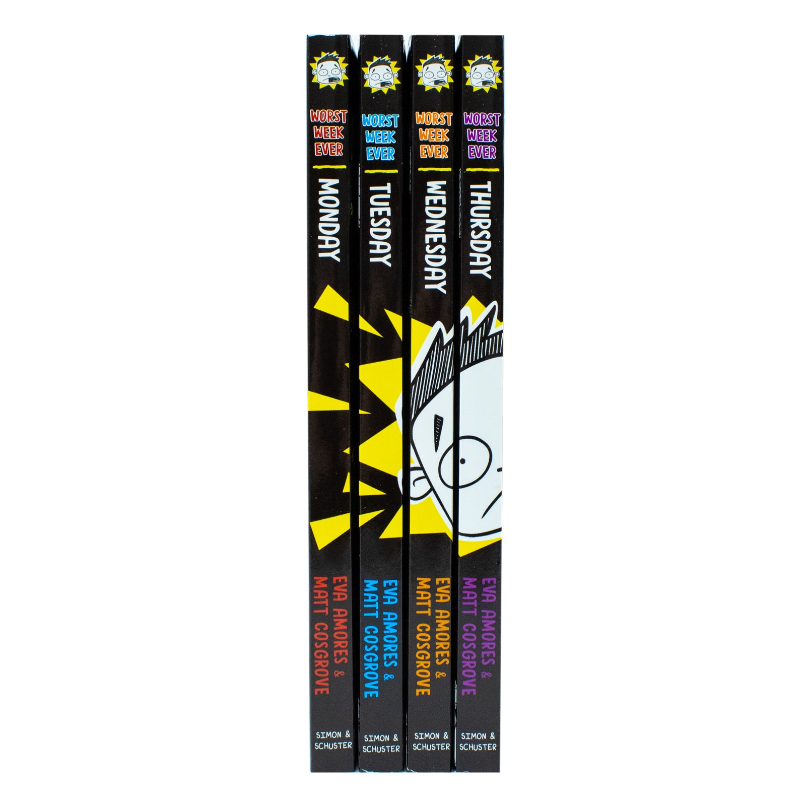 Worst Week Ever! Monday Tuesday Wednesday Thursday Paperback Collection - Eva Amores and Matt Cosgrove - book spines