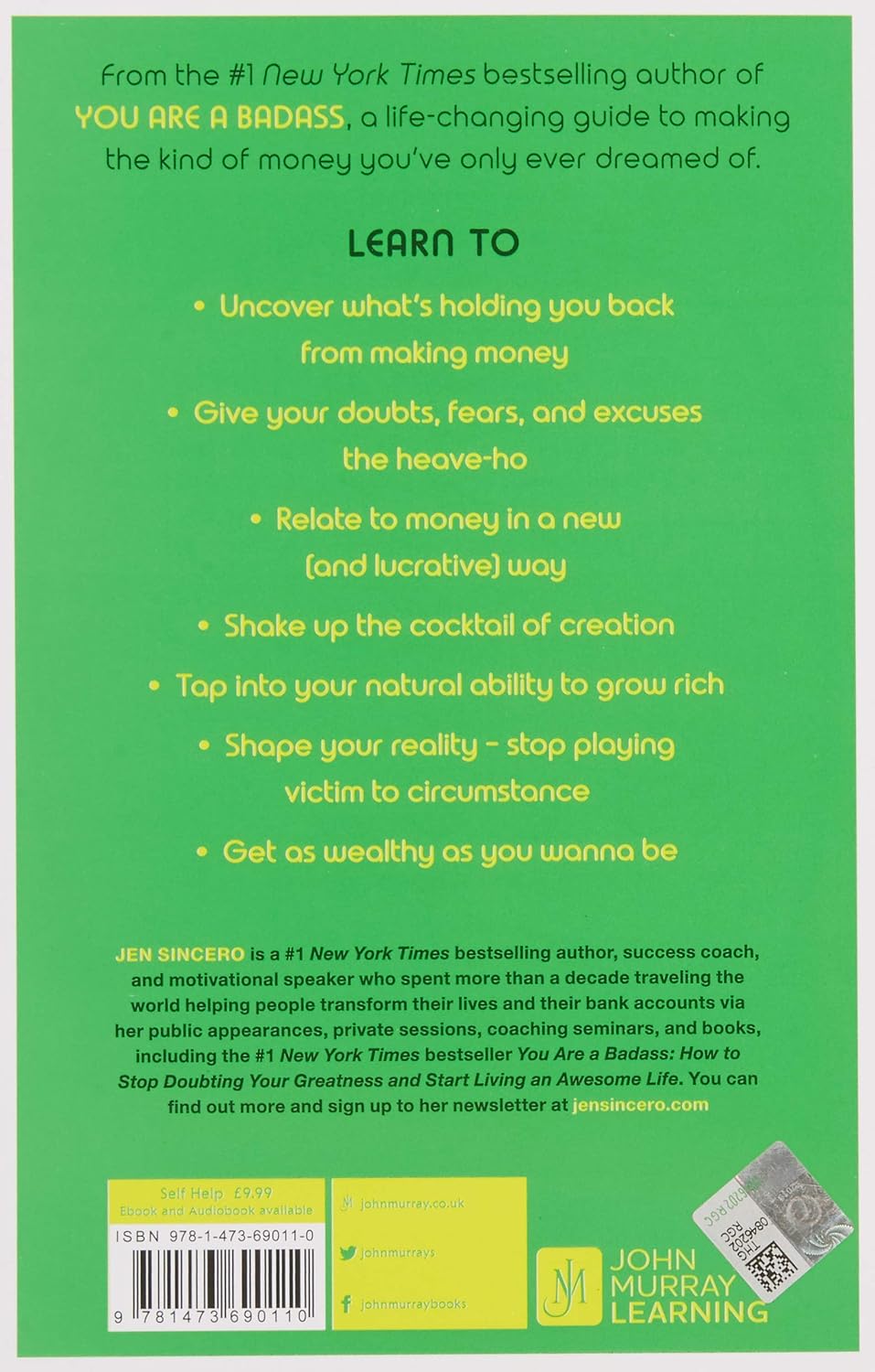 Back cover of You Are a Badass at Making Money by Jen Sincero, paperback edition, John Murray publisher
