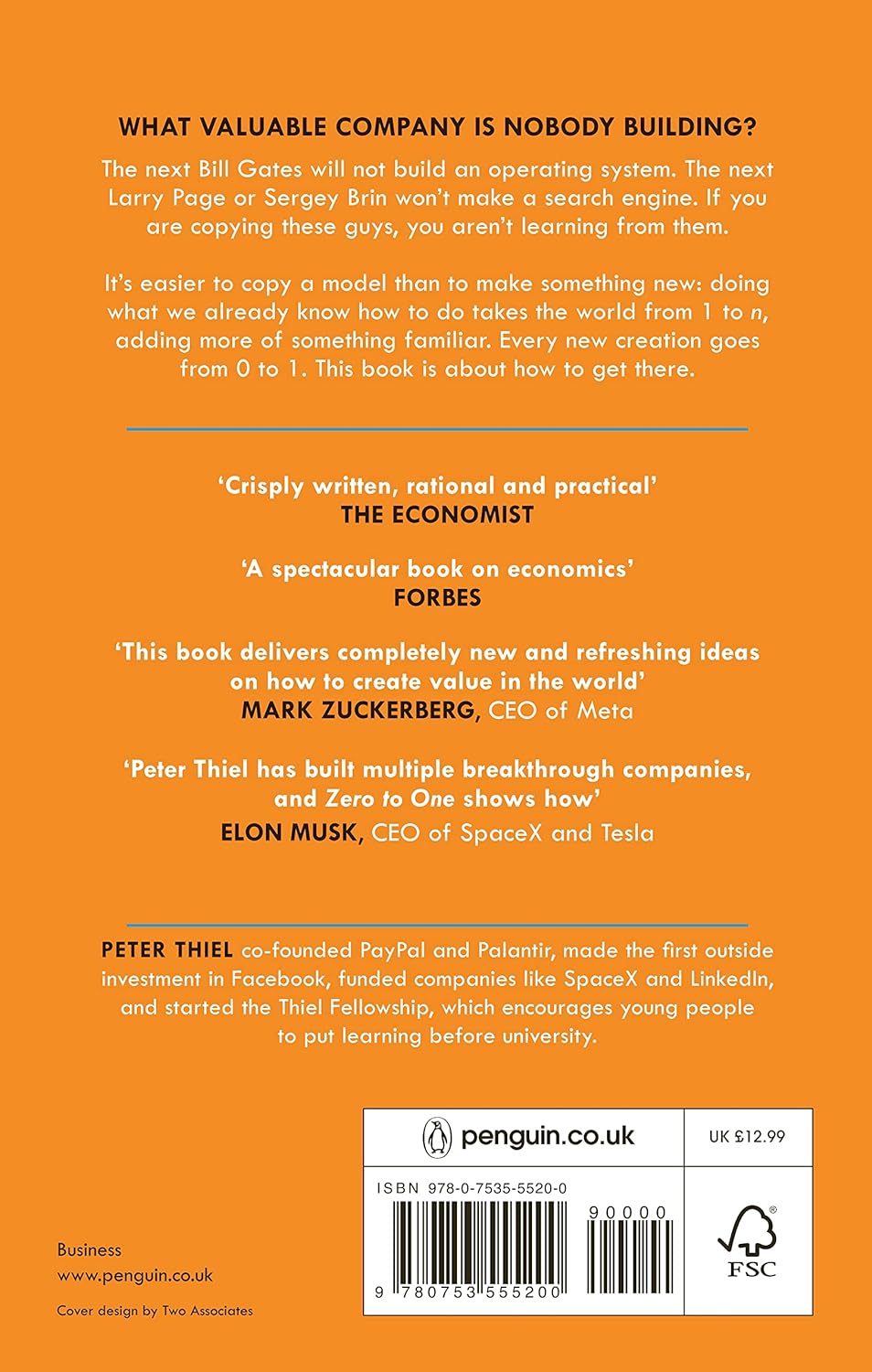 Zero to One by Peter Thiel with Blake Masters - Paperback business book back cover with reviews
