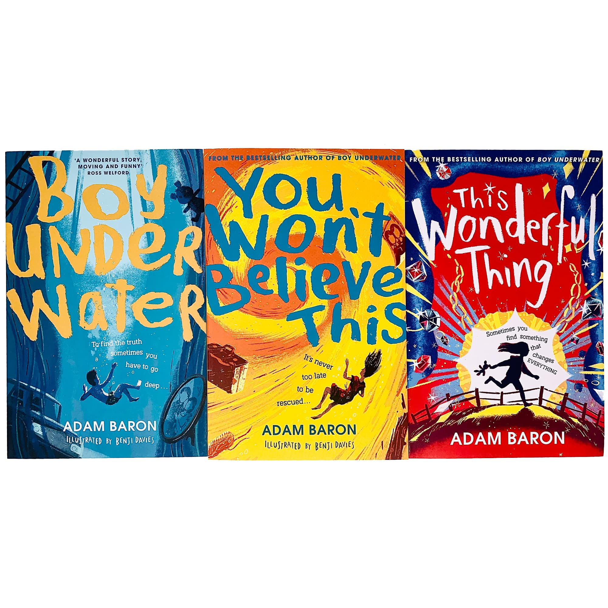 Adam Baron 3 Books Collection Set showing Boy Underwater, You Won't Believe This and This Wonderful Thing paperbacks