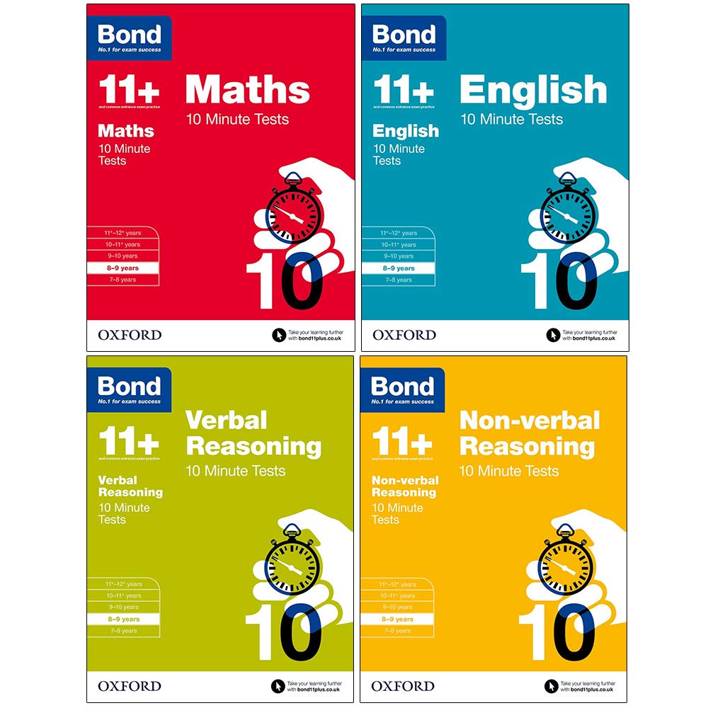 Bond 11+ 10 Minute Tests 4 Book Set - Maths, English, Verbal Reasoning and Non-verbal Reasoning - Ages 8-9 - Paperback