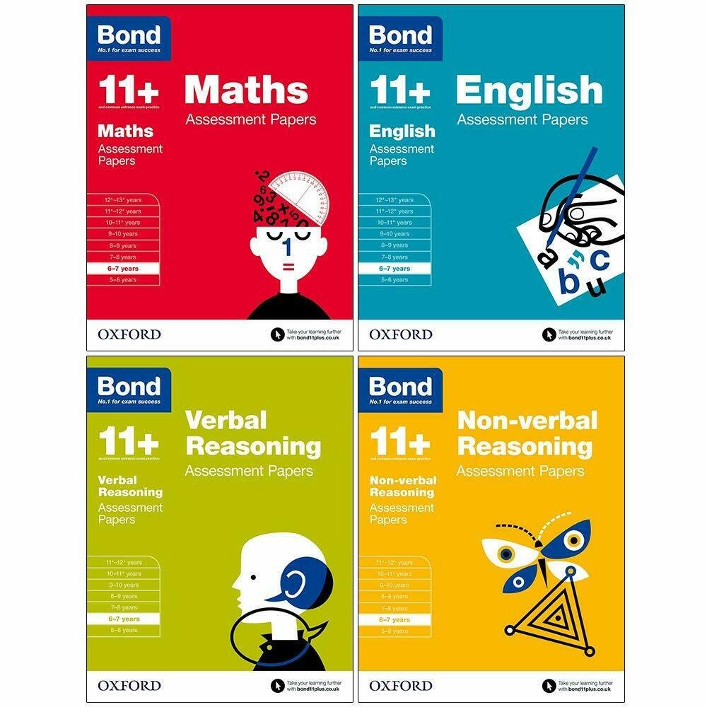 Bond 11+ Maths, English, Verbal Reasoning and Non-verbal Reasoning Assessment Papers 6-7 years, 4 book paperback set cover