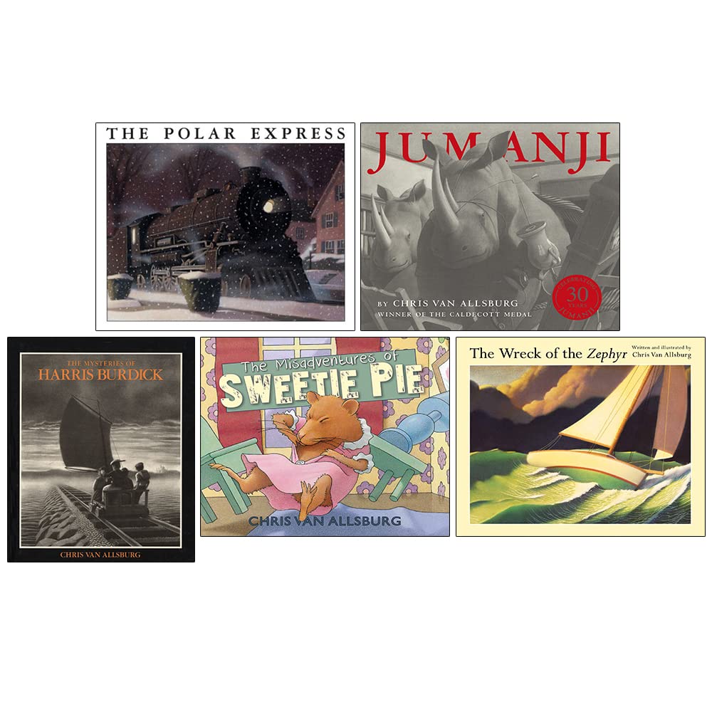Chris Van Allsburg 5 Books Collection Set paperback - The Polar Express, Jumanji, The Mysteries of Harris Burdick, The Misadventures of Sweetie Pie, The Wreck of the Zephyr - Ages 5-7