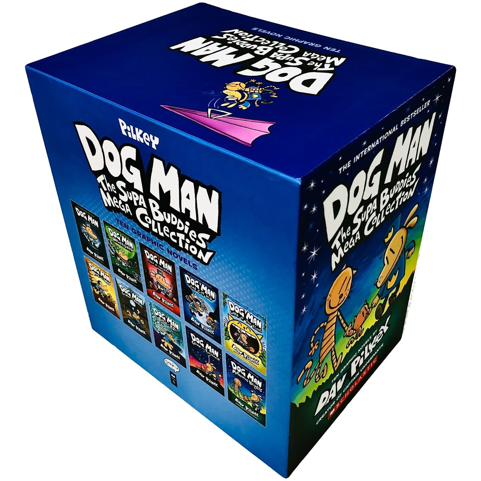 Dog Man 10 Book Hardback Box Set by Dav Pilkey - Supa Buddies Mega Collection spines