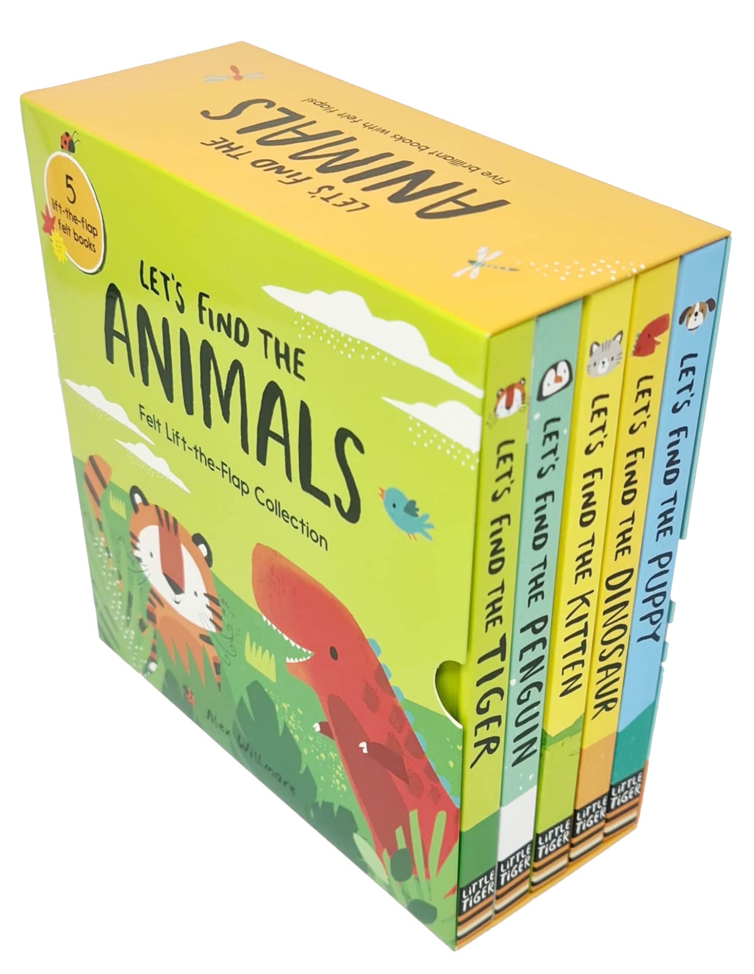 Let's Find the Animals 5 Books Felt Lift-the-Flap Collection by Alex Willmore - board book set with puppy, dinosaur, kitten, penguin and tiger, ages 0-5