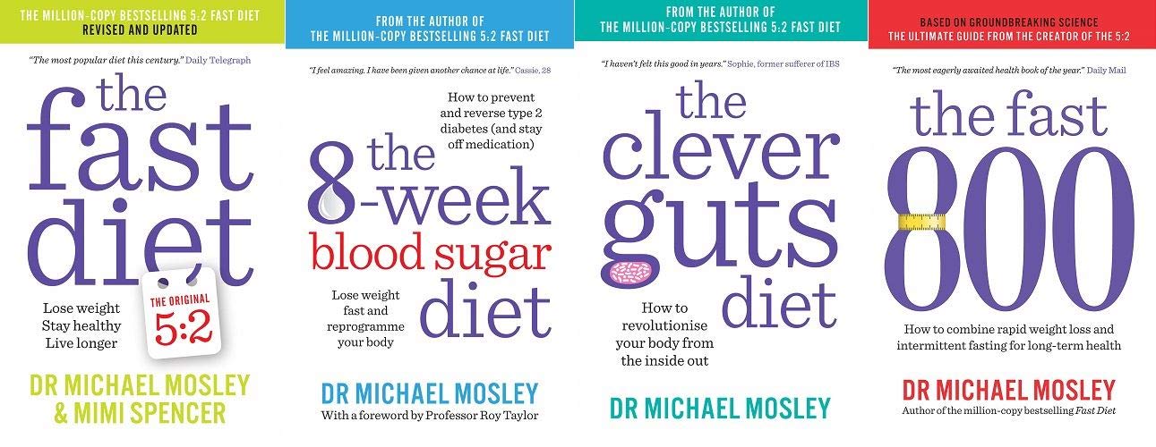 Michael Mosley 4 Books Collection Set - The Fast Diet, The 8-Week Blood Sugar Diet, The Clever Guts Diet, The Fast 800 - Paperback covers