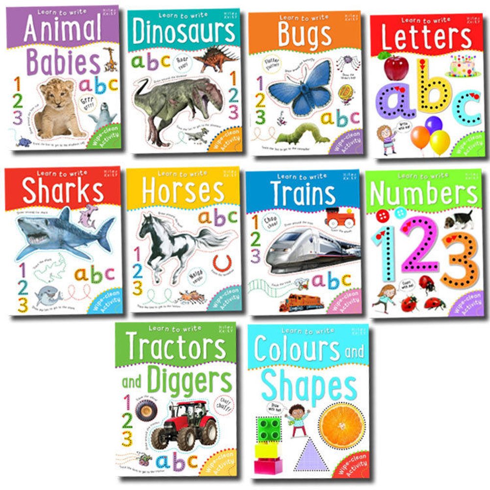 Miles Kelly Learn to Write Wipe Clean Activity 10 Books Collection Set - Dinosaurs, Sharks, Trains & More - Paperback - Ages 3-6