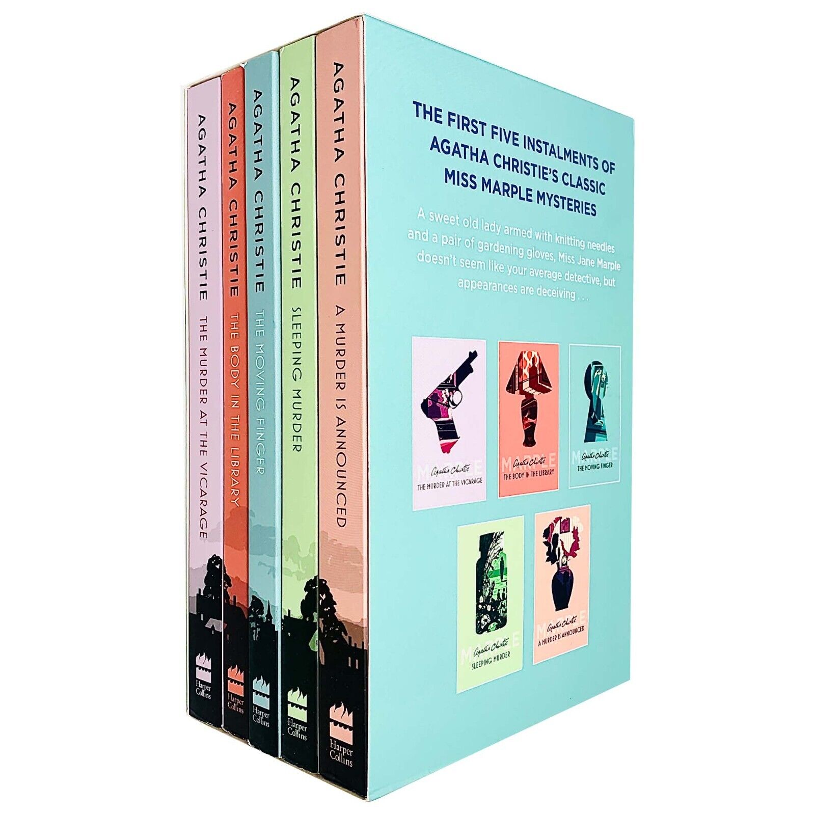 Miss Marple Mysteries Series 1-5 Agatha Christie paperback set - close up of book covers