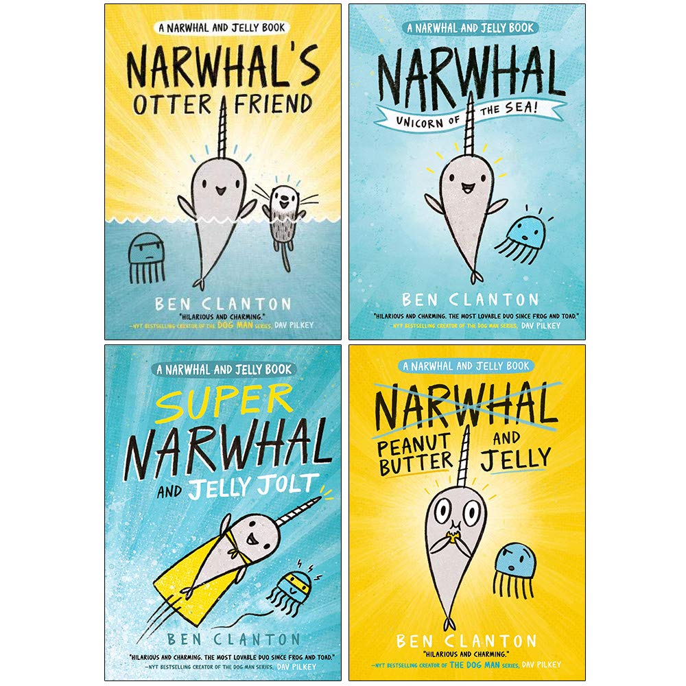 Narwhal and Jelly Series Books 1-4 Collection Set by Ben Clanton - Paperback graphic novels for ages 5-7, includes Narwhal Unicorn of the Sea, Super Narwhal and Jelly Jolt, Peanut Butter and Jelly, and Narwhal's Otter Friend