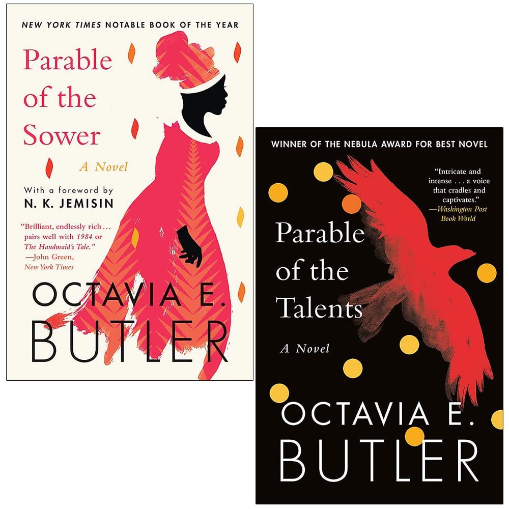 Parable of the Sower and Parable of the Talents book covers by Octavia E Butler - Paperback Dystopian Fiction Set