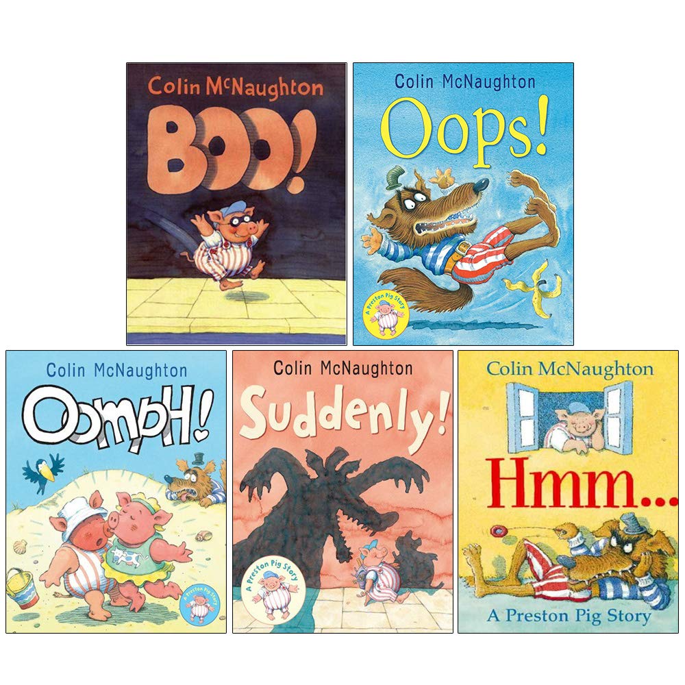 Preston Pig 5 Books Collection Set by Colin McNaughton - Boo!, Oops!, Oomph!, Suddenly!, Hmm... - Paperback picture books for ages 3-7