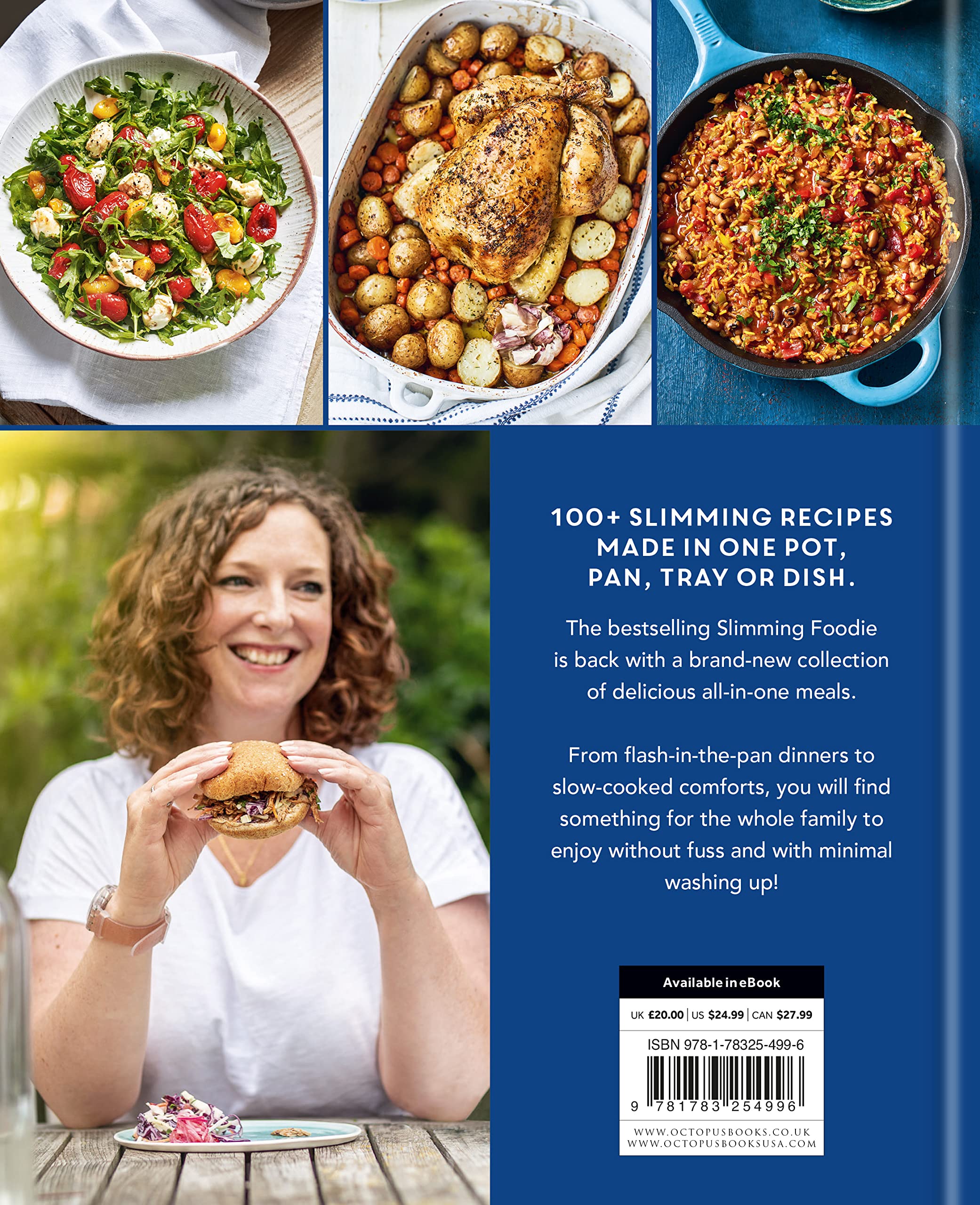 The Slimming Foodie In One by Pip Payne - back cover of hardback diet cookbook showing one-pot recipe collection