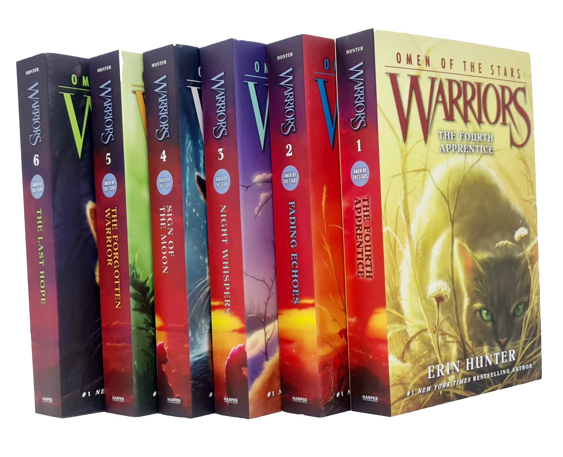 Warrior Cats Omen of the Stars 6 Book Paperback Set by Erin Hunter showing book spines