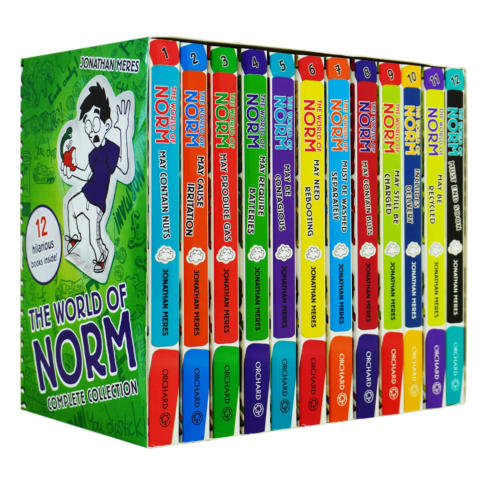 The World of Norm 12 Books Collection Set by Jonathan Meres - Paperback - Ages 6-11 - box set cover showing all twelve titles including May Contain Nuts